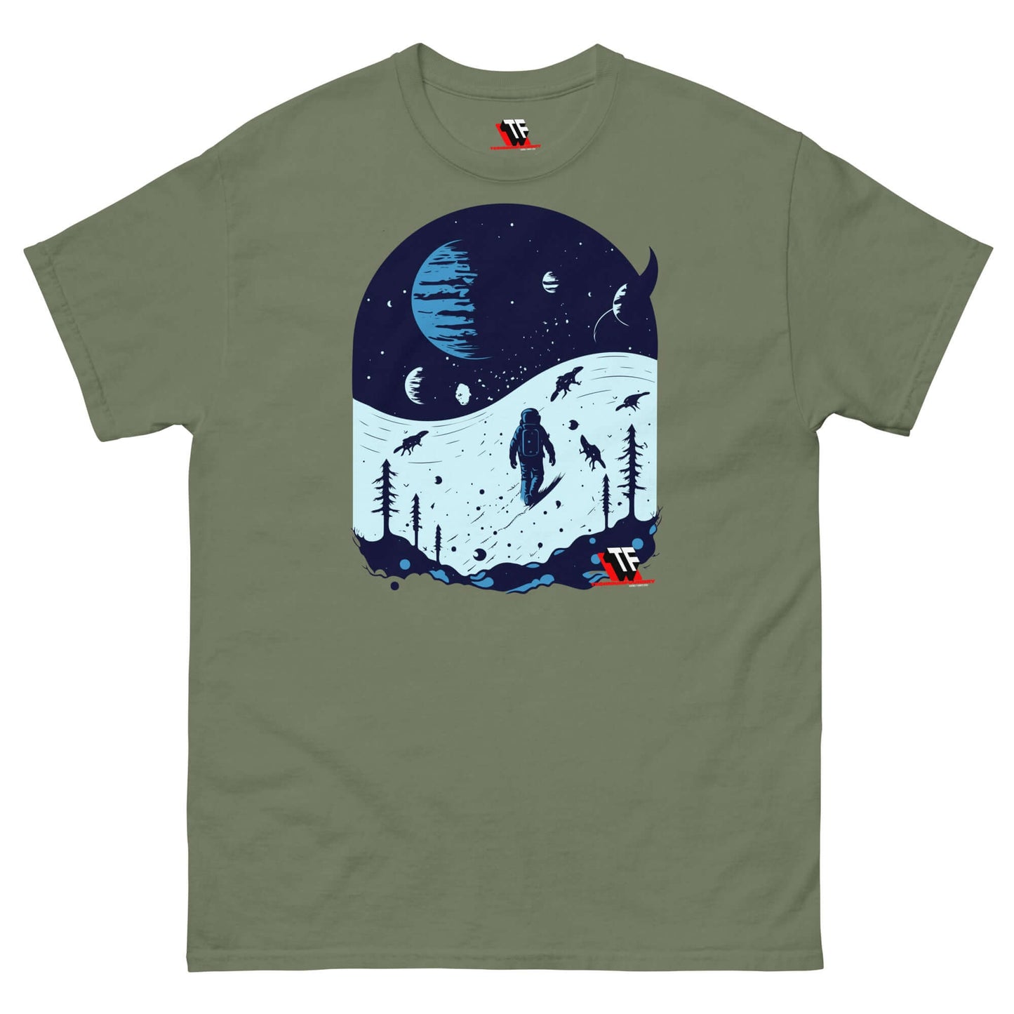 Space Dinosaur Slopes T-Shirt with astronaut skiing past T-Rexes on an alien planet. Limited edition cosmic design by Technium Foundry.