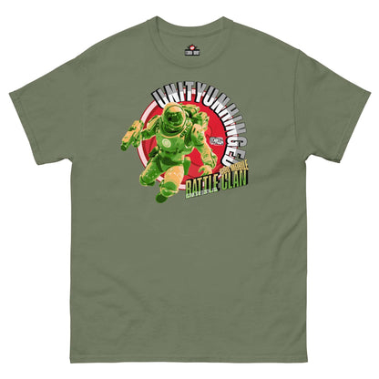 "UNITYUNHINGED Battle Clan T-Shirt with Combat Astronaut Graphic in Radiation Green on Premium Cotton"