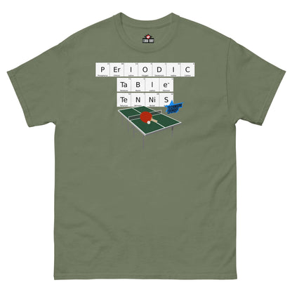 Green Periodic Table Tennis T-Shirt by Technium Foundry, featuring a playful chemistry and ping pong design.