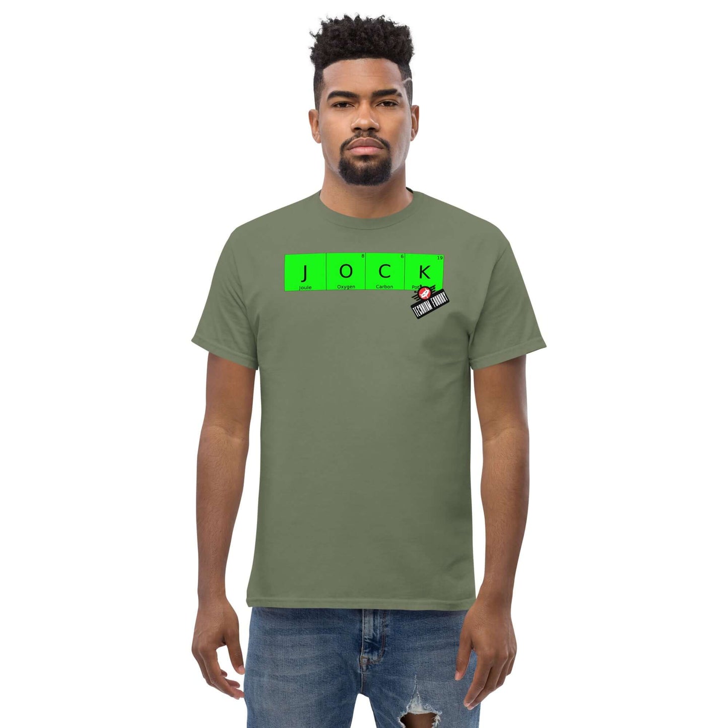 Man wearing green "JOCK" periodic table T-shirt by Technium Foundry, featuring an Amish DJ graphic, perfect for science enthusiasts.