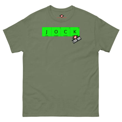 Olive green T-shirt featuring "JOCK" spelled in periodic elements with Technium Foundry branding and a playful scientific design.