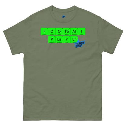 Football Player T-Shirt by Technium Foundry with periodic table design, premium cotton, durable print, green tee.