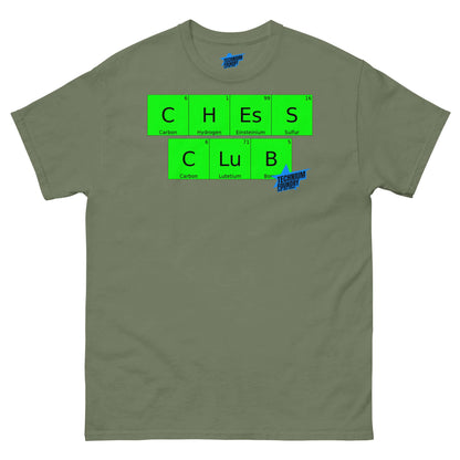 Olive green Chess Club T-Shirt by Technium Foundry featuring periodic table elements, combining chess and chemistry themes.