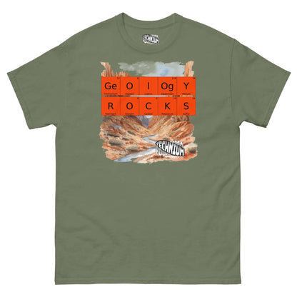 Olive "Geology Rocks" T-shirt with periodic table pun and landscape design by Technium Foundry.