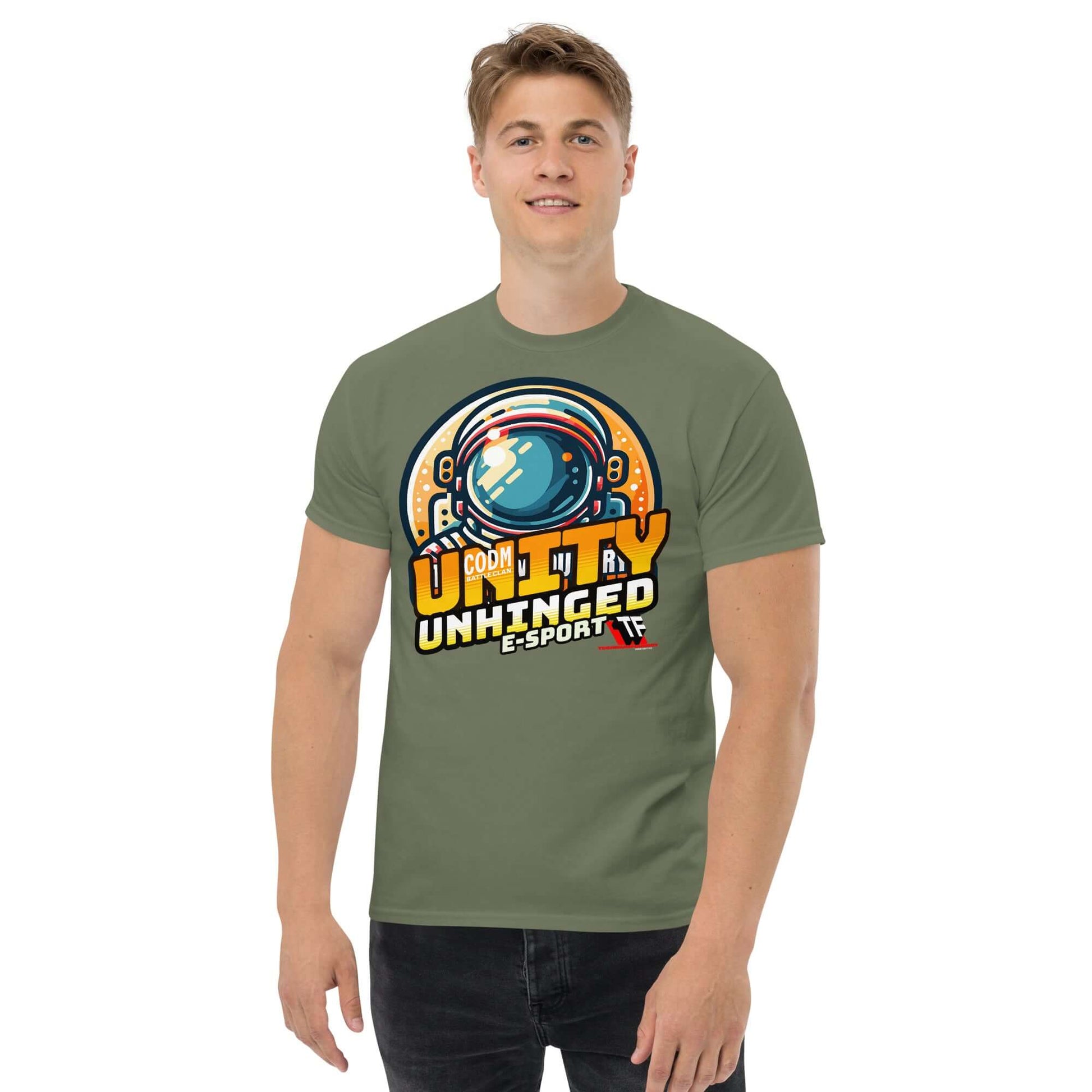 "UNITY UNHINGED E-Sports T-Shirt by Technium Foundry featuring retro astronaut design"