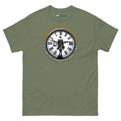 Einstein's Clock Shop T-Shirt featuring clock design with Einstein, humorous take on time and relativity by Technium Foundry