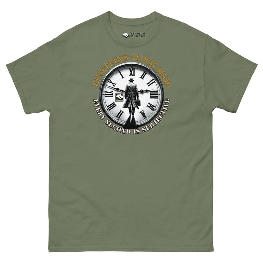 Einstein's Clock Shop T-Shirt featuring clock design with Einstein, humorous take on time and relativity by Technium Foundry