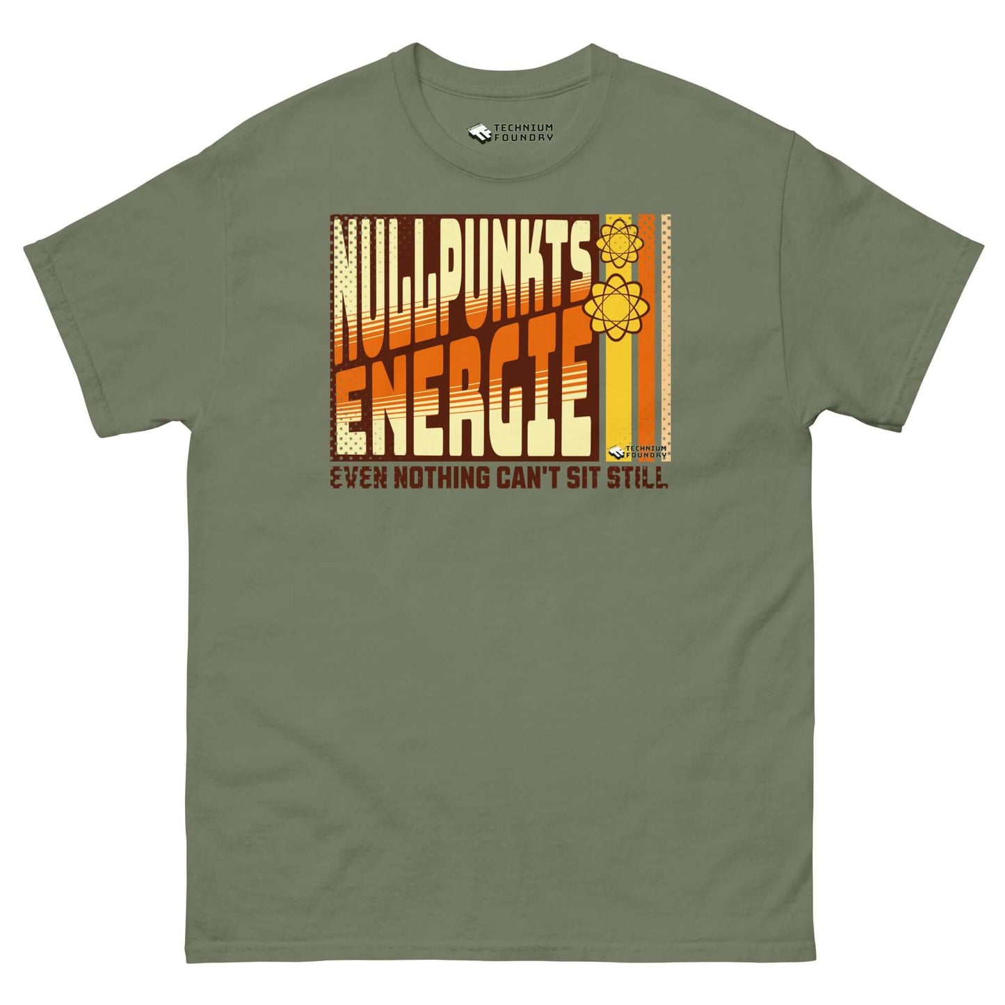 Retro Nullpunktsenergie T-Shirt with 70s typography and atomic design on green fabric, celebrating quantum physics and zero-point energy.