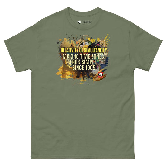 Olive green t-shirt with "Relativity of Simultaneity" splash design by Technium Foundry. Playful physics theme since 1905.