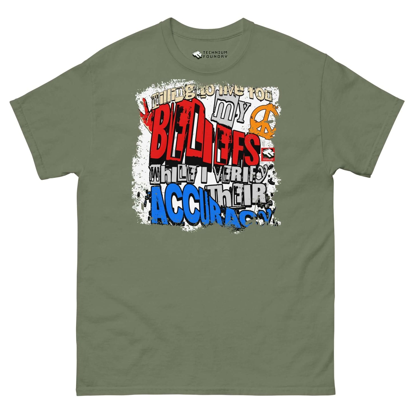 Olive green T-shirt featuring bold red, white, and blue typography with "BELIEFS" design by Technium Foundry.