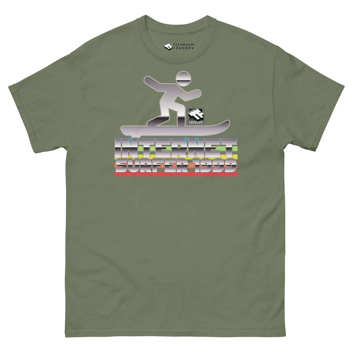 Retro Internet Surfer 1999 T-Shirt with chrome wave rider graphic and colorful typography by Technium Foundry.