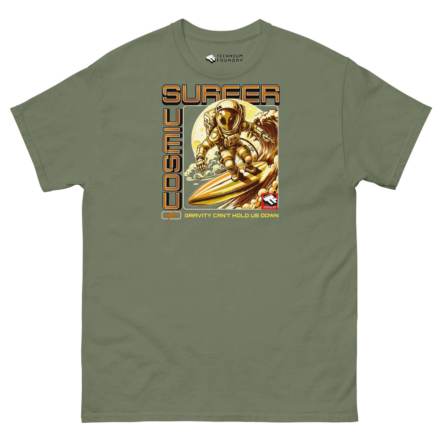 Cosmic Surfer T-Shirt with astronaut surfing in space, gold tones, retro-tech design by Technium Foundry. Tagline: "Gravity Can't Hold Us Down".