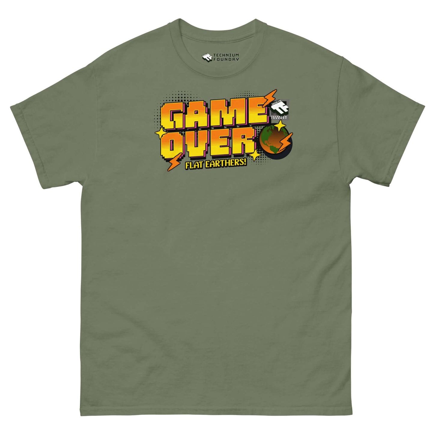 "Technium Foundry Game Over Flat Earthers T-Shirt with pixelated Earth design in 16-bit arcade style"