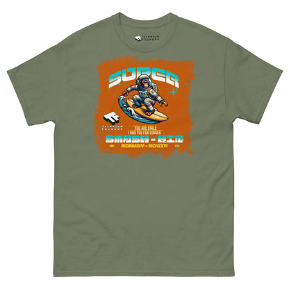 Super Smash & Click T-Shirt with astronaut skating through cyberspace, designed by Technium Foundry, on olive green fabric.