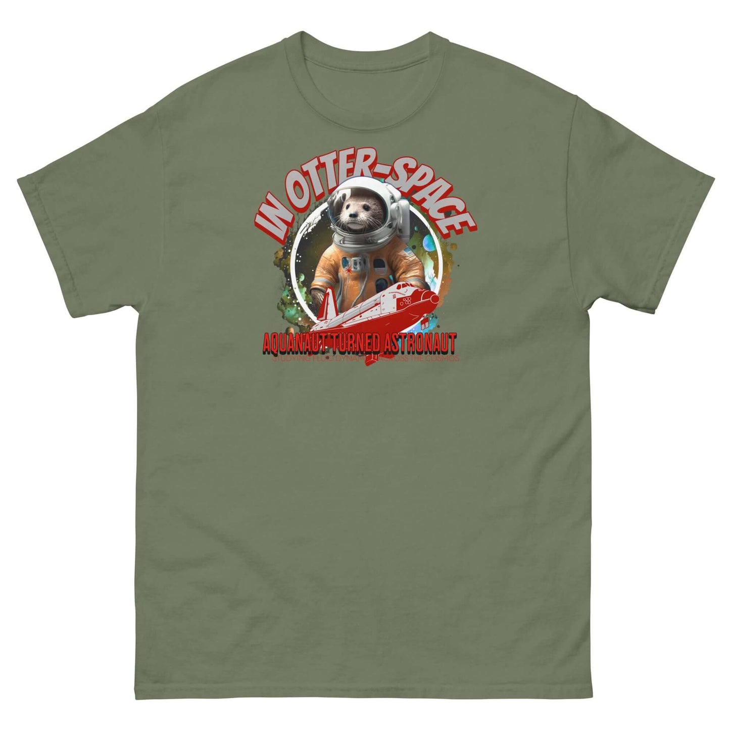 Otter astronaut t-shirt with green background, featuring "In Otter Space" and "Aquanaut Turned Astronaut" text above NASA-style spacesuit design.