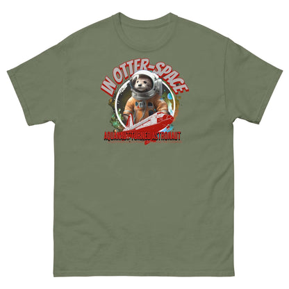 Otter astronaut t-shirt with green background, featuring "In Otter Space" and "Aquanaut Turned Astronaut" text above NASA-style spacesuit design.