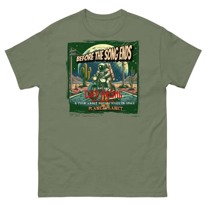 Vintage Cafe Racer Space T-Shirt featuring an astronaut, Southwestern desert, and saguaro cacti in a retro movie poster style.