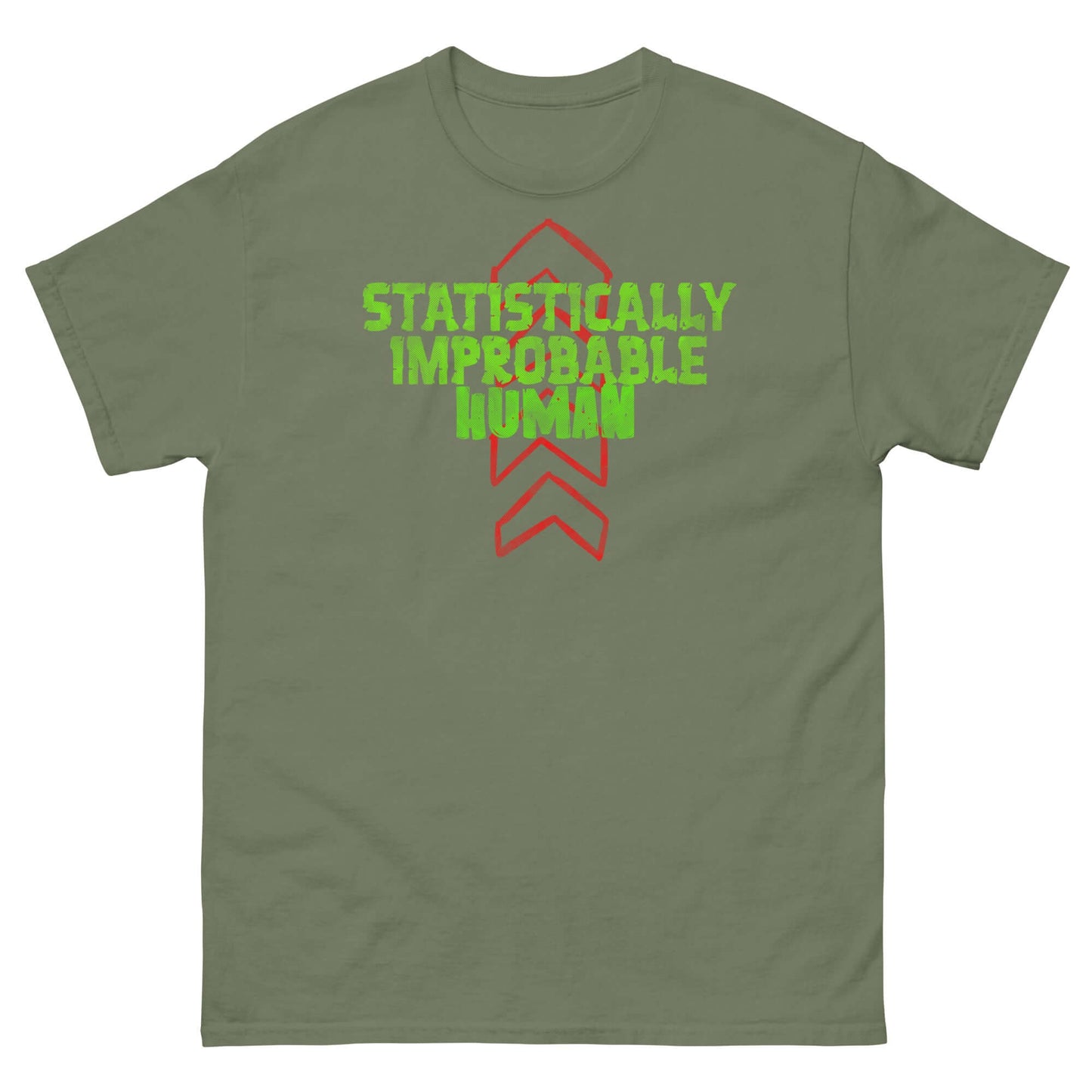 Statistically Improbable Human t-shirt with green text and red arrows, science math geek humor, minimalist design on olive tee.