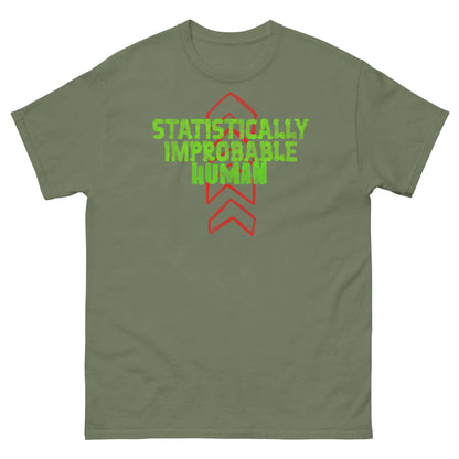 Statistically Improbable Human t-shirt with green text and red arrows, science math geek humor, minimalist design on olive tee.