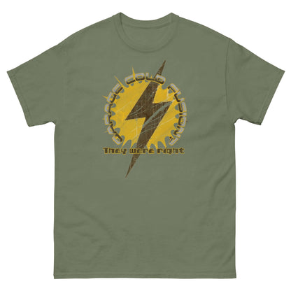 Olive green t-shirt featuring a lightning bolt in a gear design with "Garage Cold Fusion They Were Right" humor print.