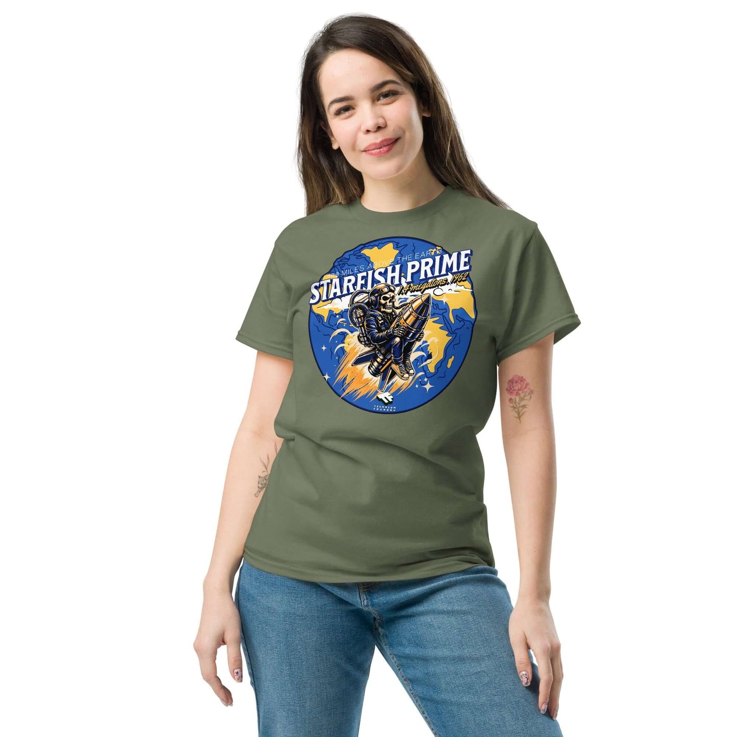 Woman wearing Starfish Prime T-shirt featuring retro nuclear space test design with retrofuturistic theme.