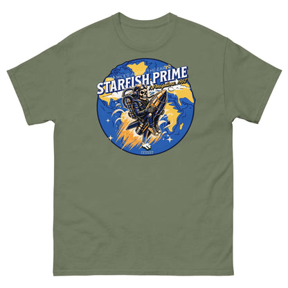 Retro Starfish Prime T-Shirt featuring a space-suited figure riding a nuclear warhead, inspired by 1962 nuclear test artwork.