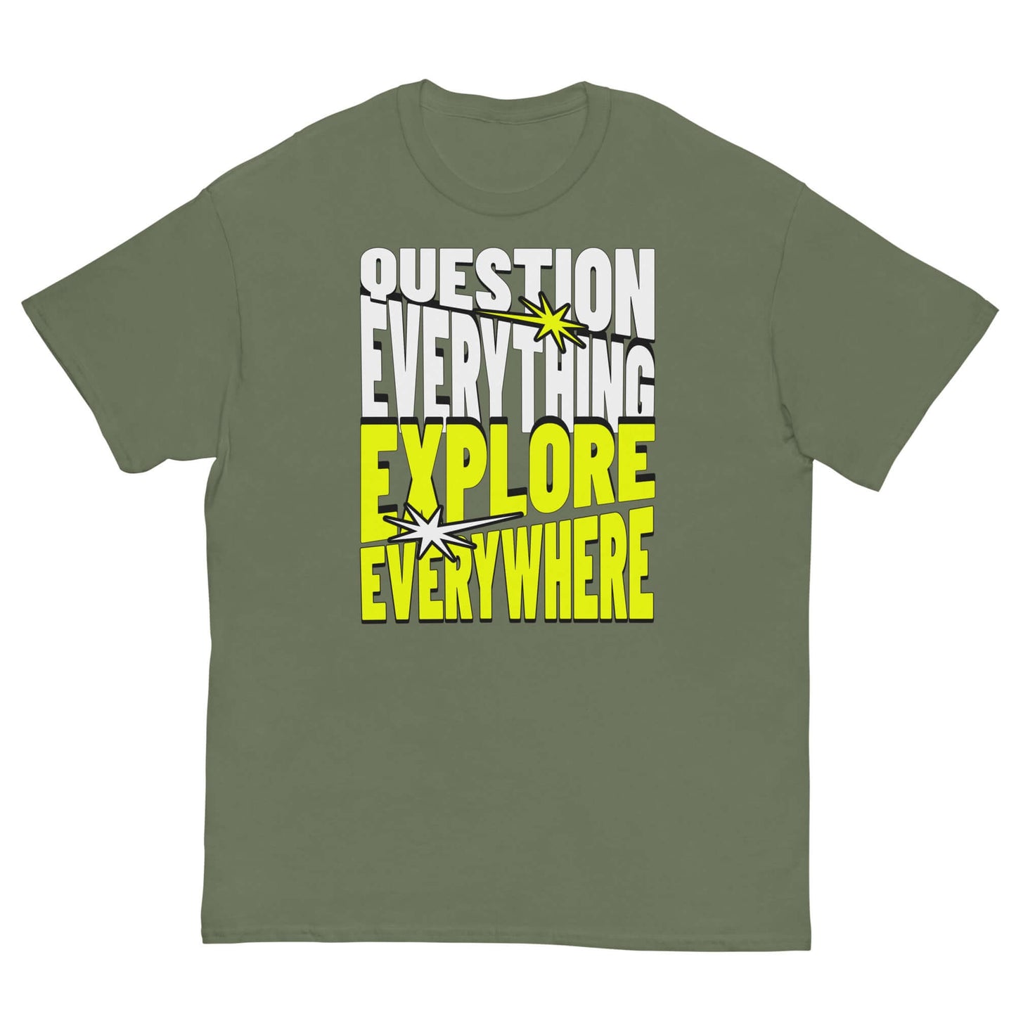 Adventure T-shirt featuring "Question Everything Explore Everywhere" text in bold white and yellow on a green background.