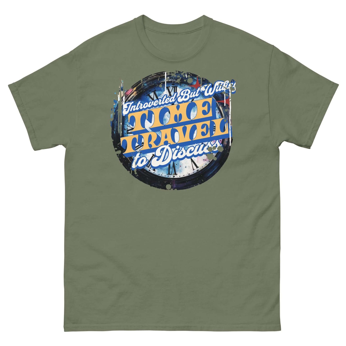 Introverted Time Travel T-Shirt with vintage circular design featuring physics humor and temporal paradox theme.