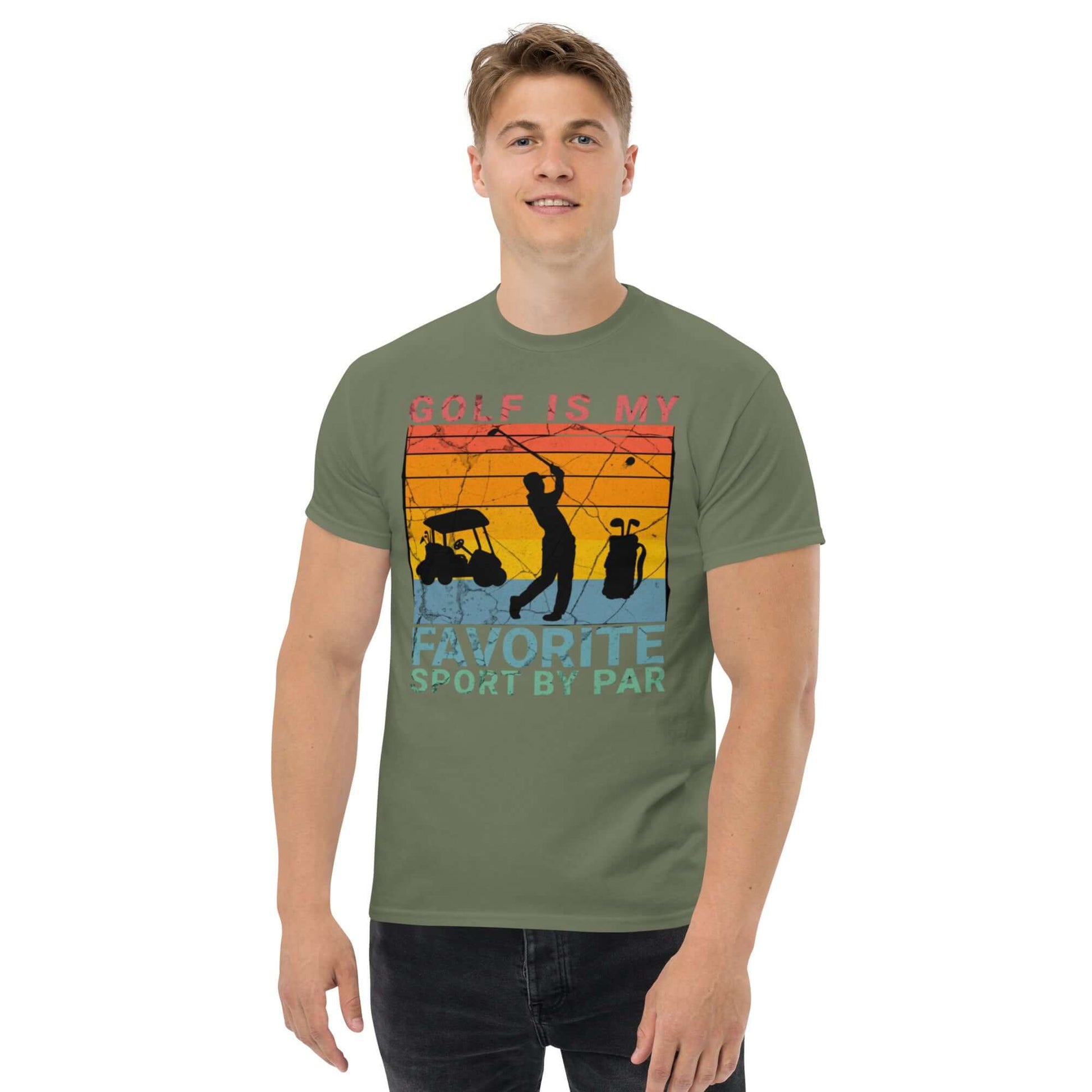 Golf Pun T-Shirt with Retro Sunset design featuring silhouetted golfer, cart, and bag, perfect for golf enthusiasts.