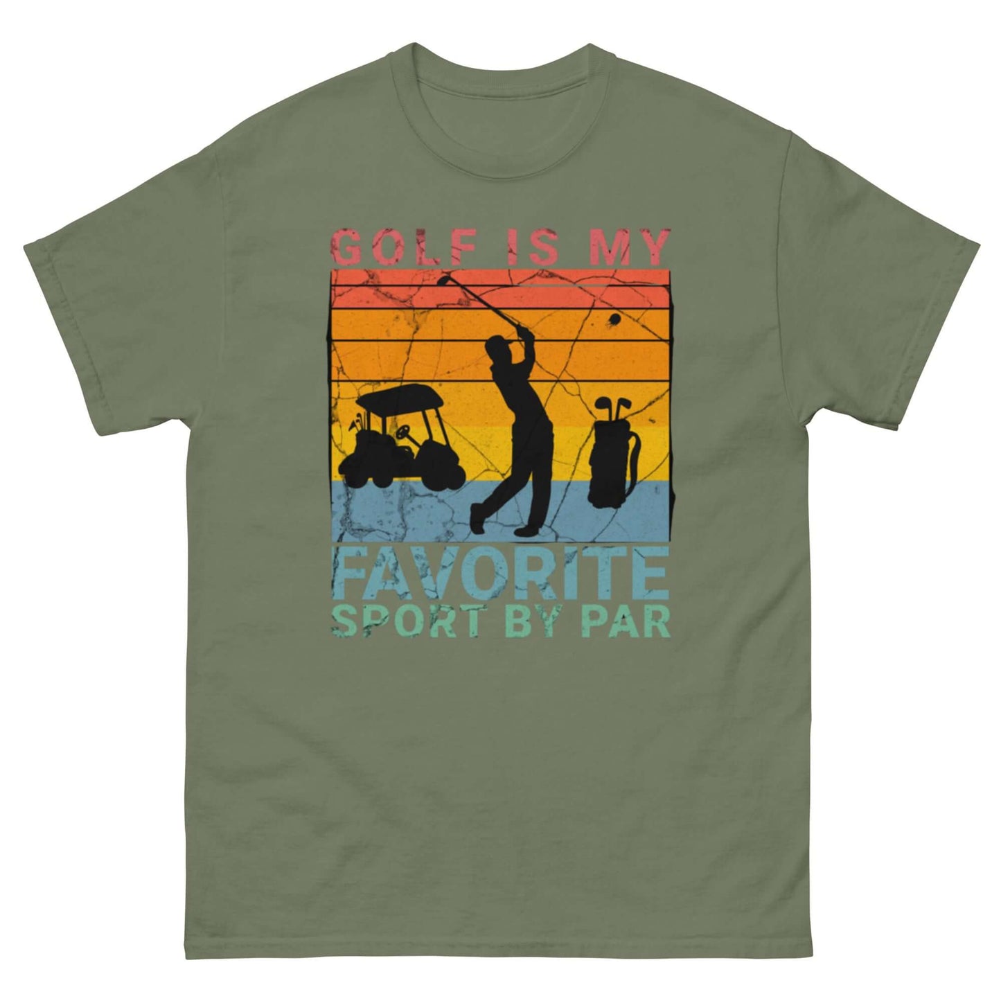 Olive green T-shirt with a retro sunset design featuring a golfer silhouette, golf cart, and bag with text 'Golf Is My Favorite Sport By Par'.