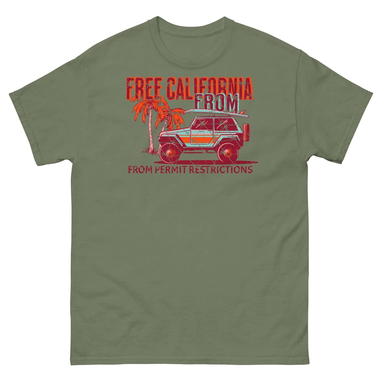 Olive green surf T-shirt featuring a 4x4, red palm trees, and 'Free California' slogan, perfect for beach and surf lovers.