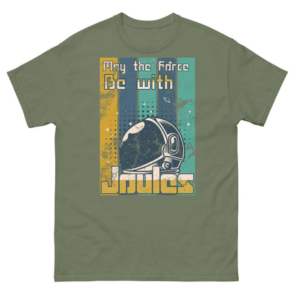 Retro green t-shirt featuring astronaut helmet design and the text 'May the Force Be with Joules' combining physics and pop culture.