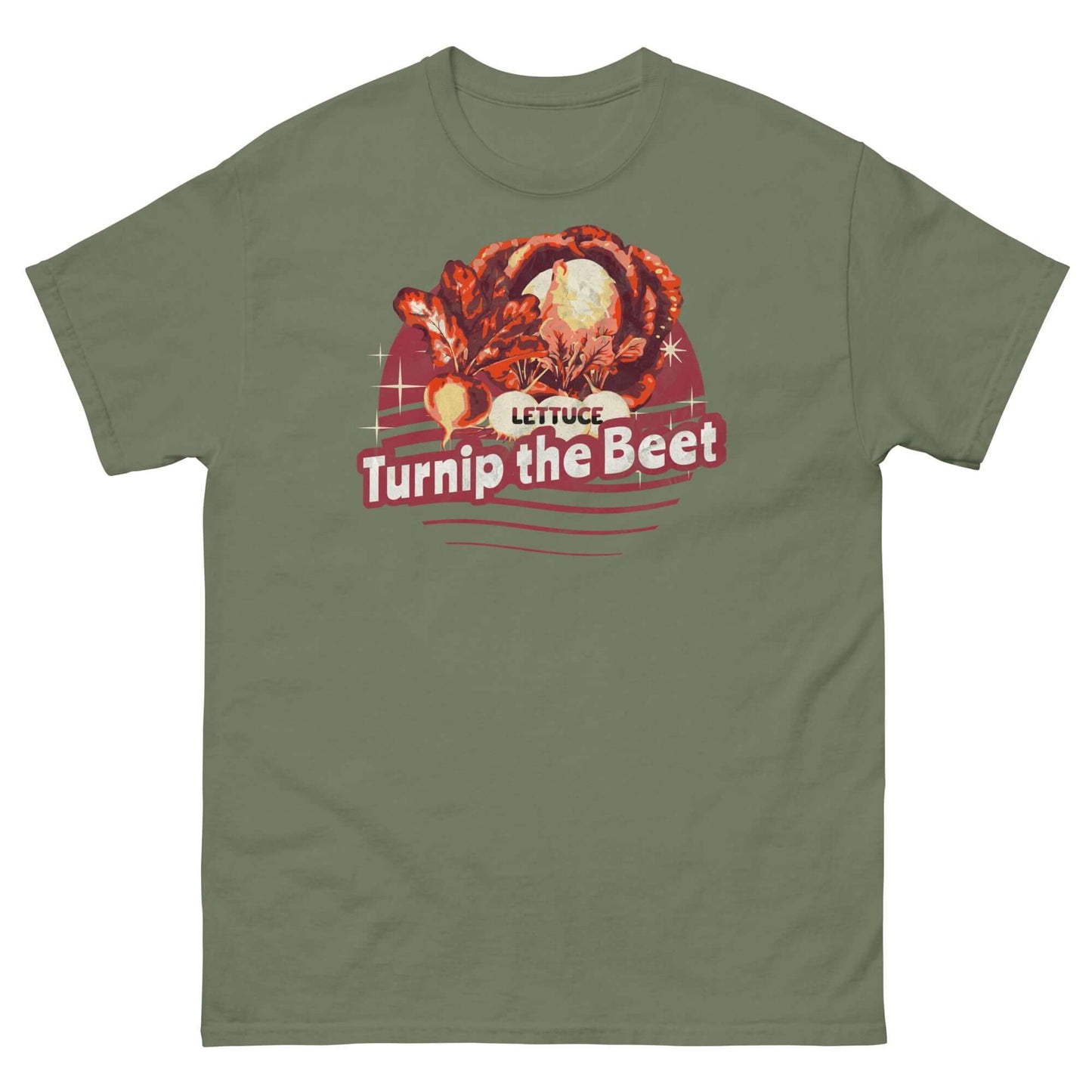 Green t-shirt with "Lettuce Turnip the Beet" pun design featuring vegetables and a vintage-style illustration.