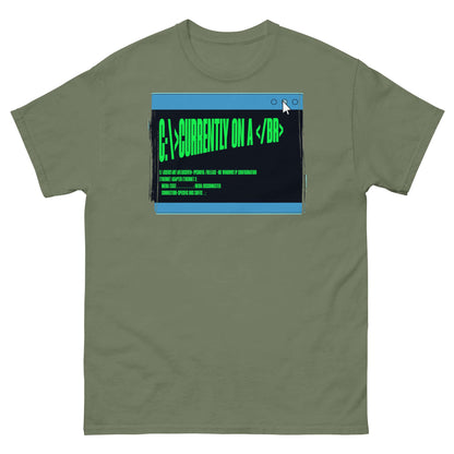 Olive green t-shirt with HTML "Currently On a <br>" design in terminal green, humorously capturing coder burnout in a browser window.