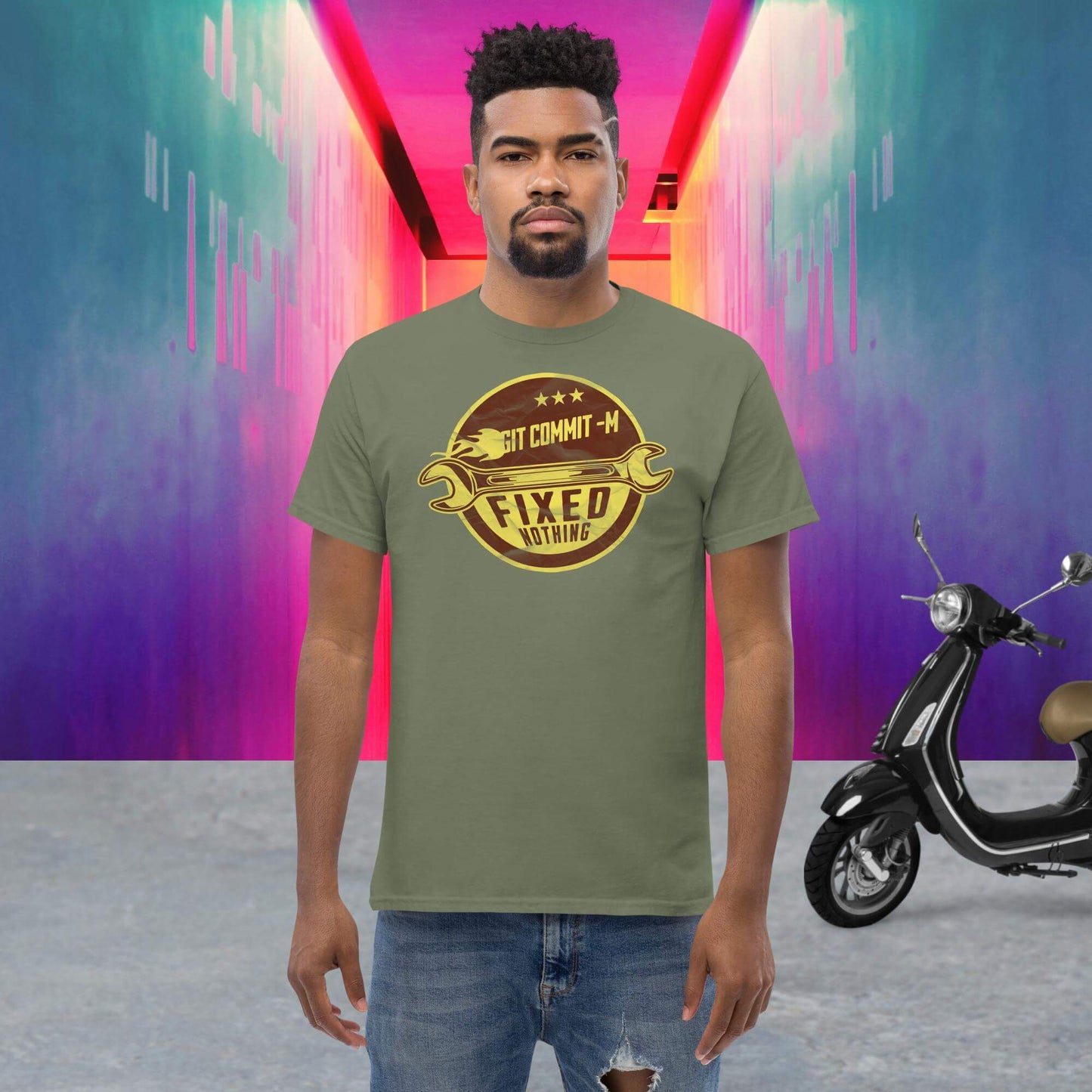 Developer wearing 'Git Commit -m Fixed Nothing' T-shirt with wrenches design, standing in a colorful alley with a scooter.