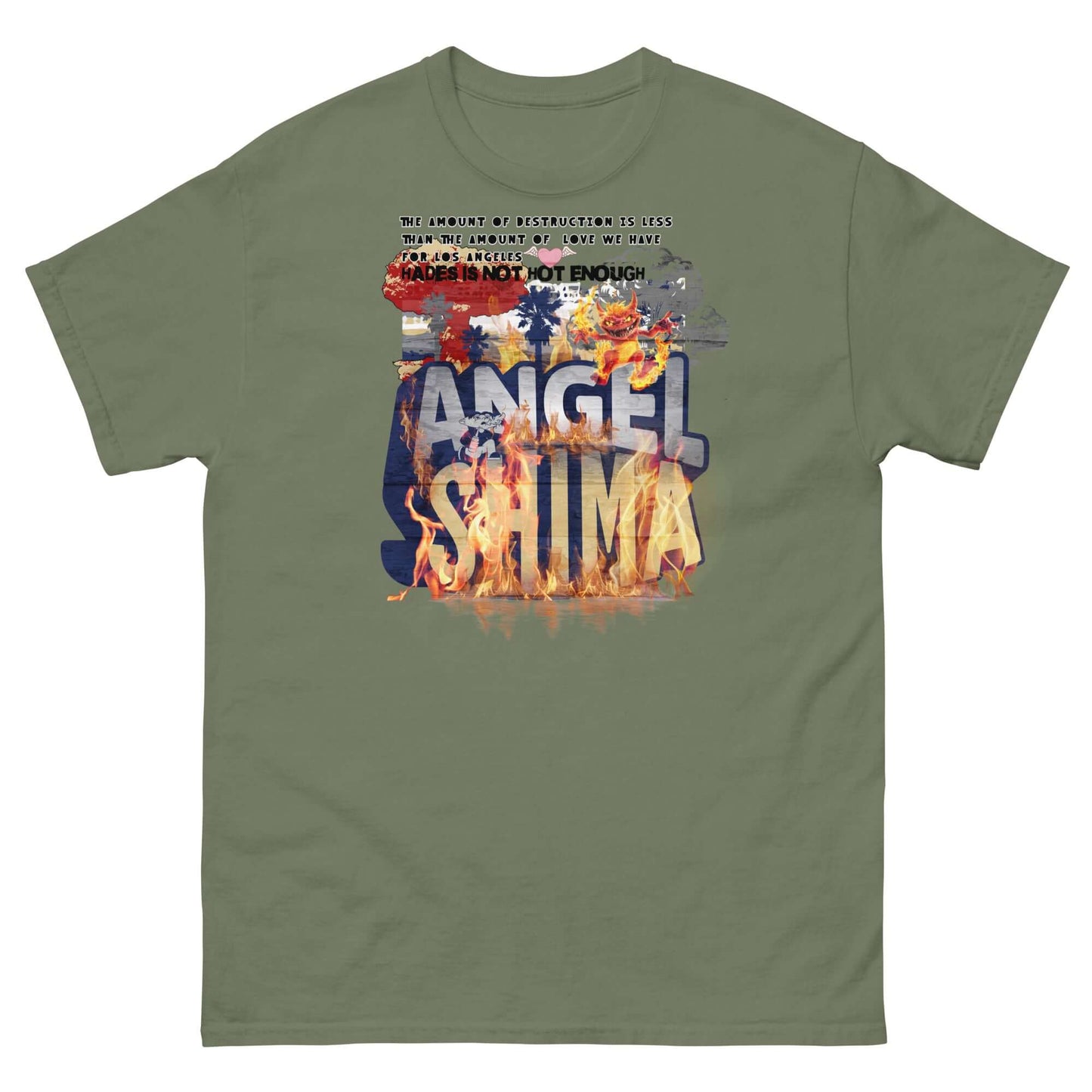 Angelshima Destruction Love T-Shirt with Los Angeles design and text, symbolizing resilience and affection amidst chaos.