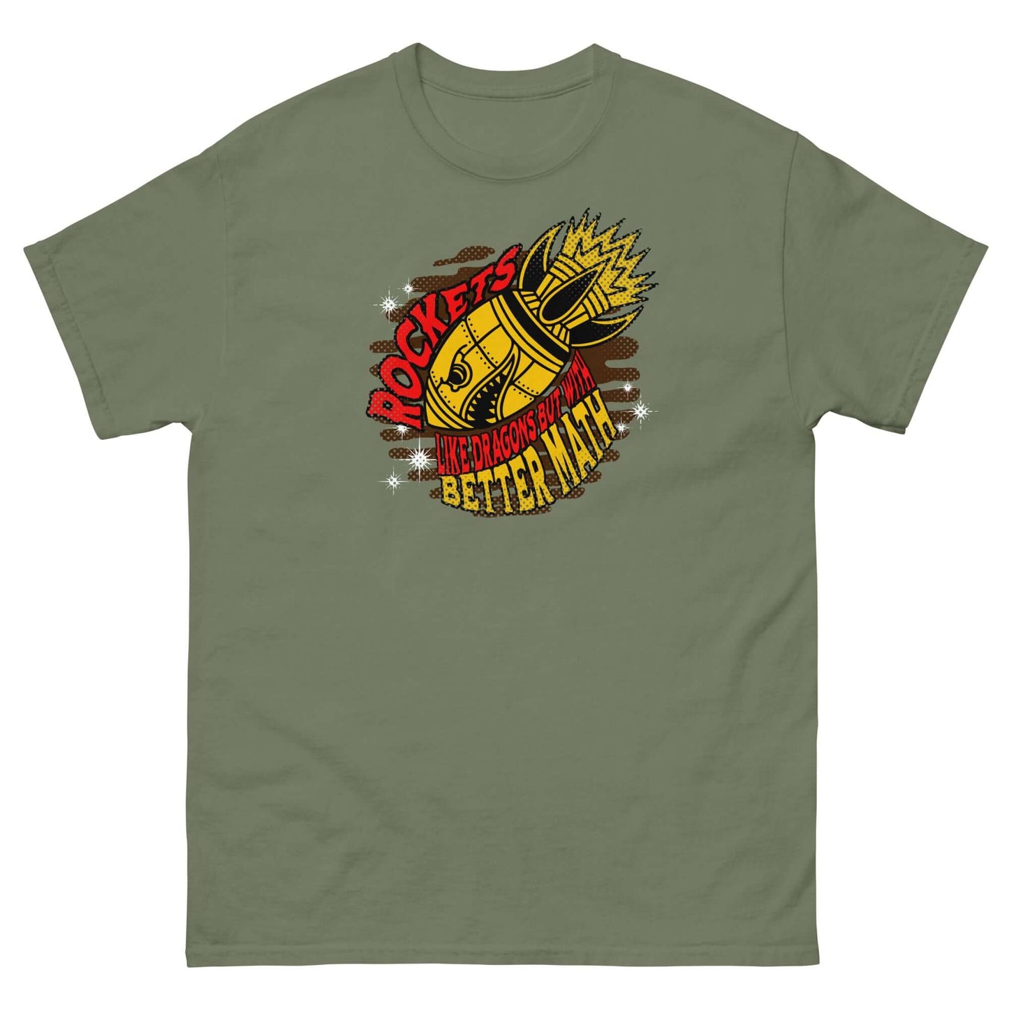 Vintage-style Rockets Better Name T-Shirt with space pun graphic on olive green fabric.