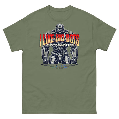 "I Like Big Bots" t-shirt featuring a powerful mech, perfect for fans of oversized robotics. Cotton, black color option available.