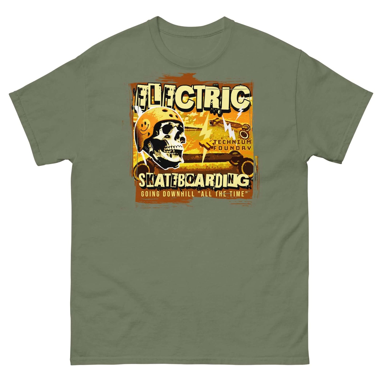 Electric Skateboarding T-Shirt with skeleton graphic and vintage warning design on olive green fabric.