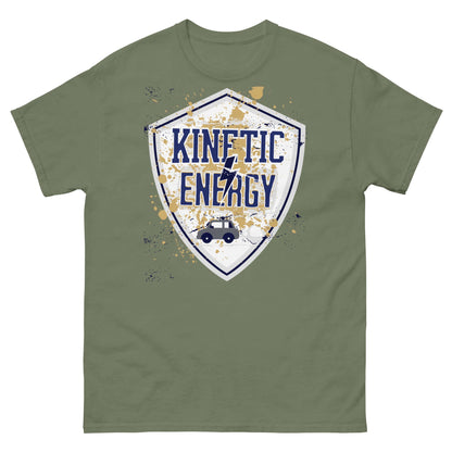 Kinetic Energy T-Shirt featuring vintage shield graphic with car and kinetic energy equation, celebrating physics and energy humor.