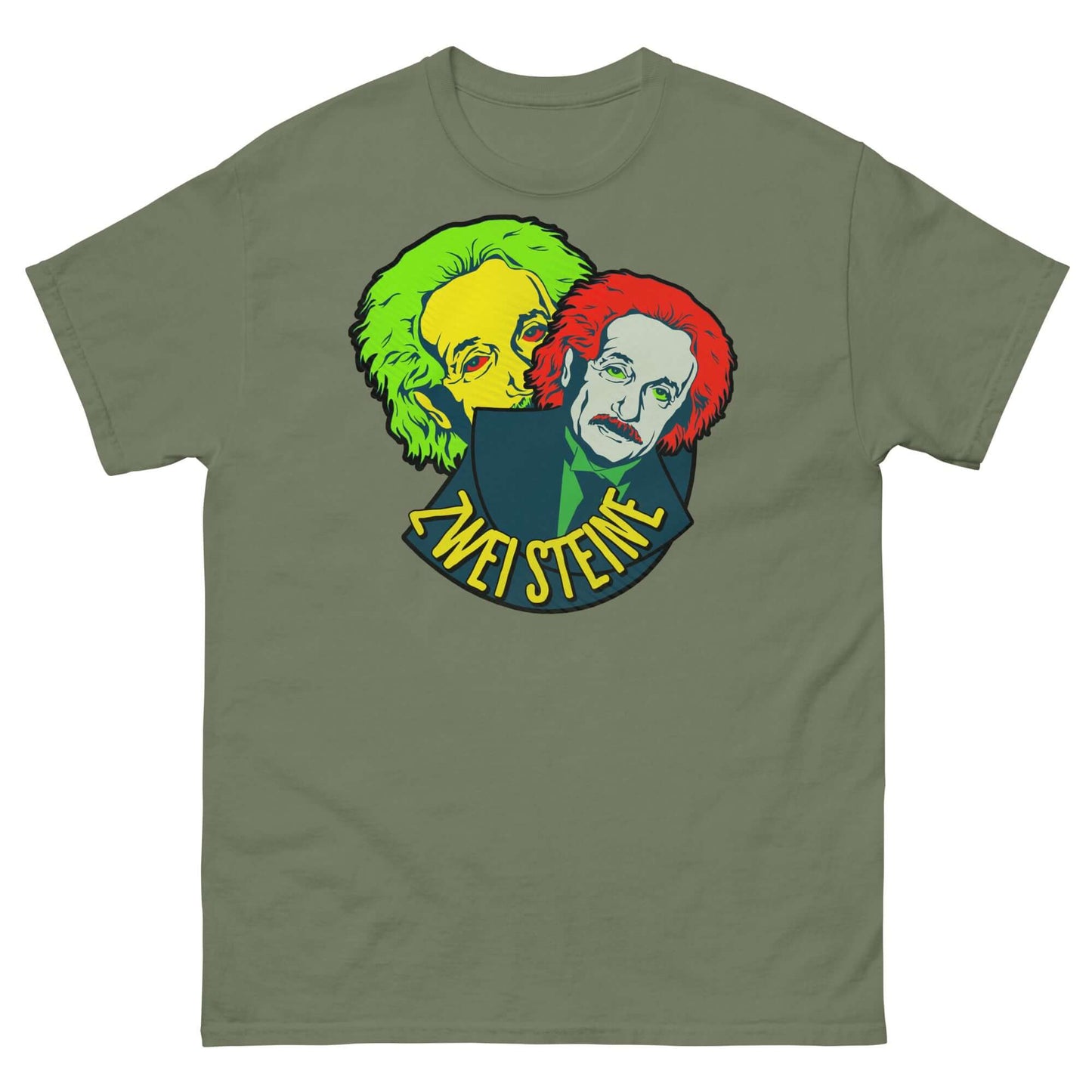 Zwei Steine T-Shirt featuring two colorful Einstein caricatures with clever wordplay on a green background.