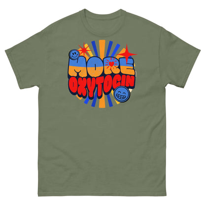 Retro-style "More Oxytocin" T-shirt with colorful bubble letters and a fun design promoting the love hormone.