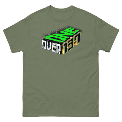 Olive green t-shirt featuring bold 3D 'One Over 137' design, celebrating the fine-structure constant with quantum-themed street style.