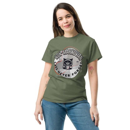 Woman wearing Non-Markovian Cat T-Shirt with "Cats Never Forget" design, highlighting cat's grudge holding nature