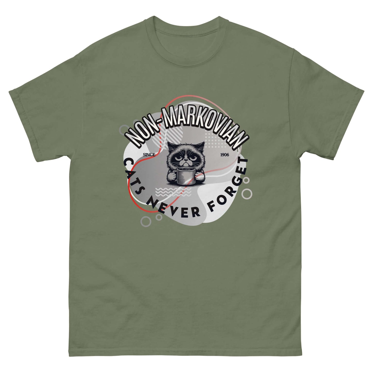 Olive green t-shirt featuring a grumpy cat design with 'Non-Markovian: Cats Never Forget' text, highlighting cats' infinite memory.