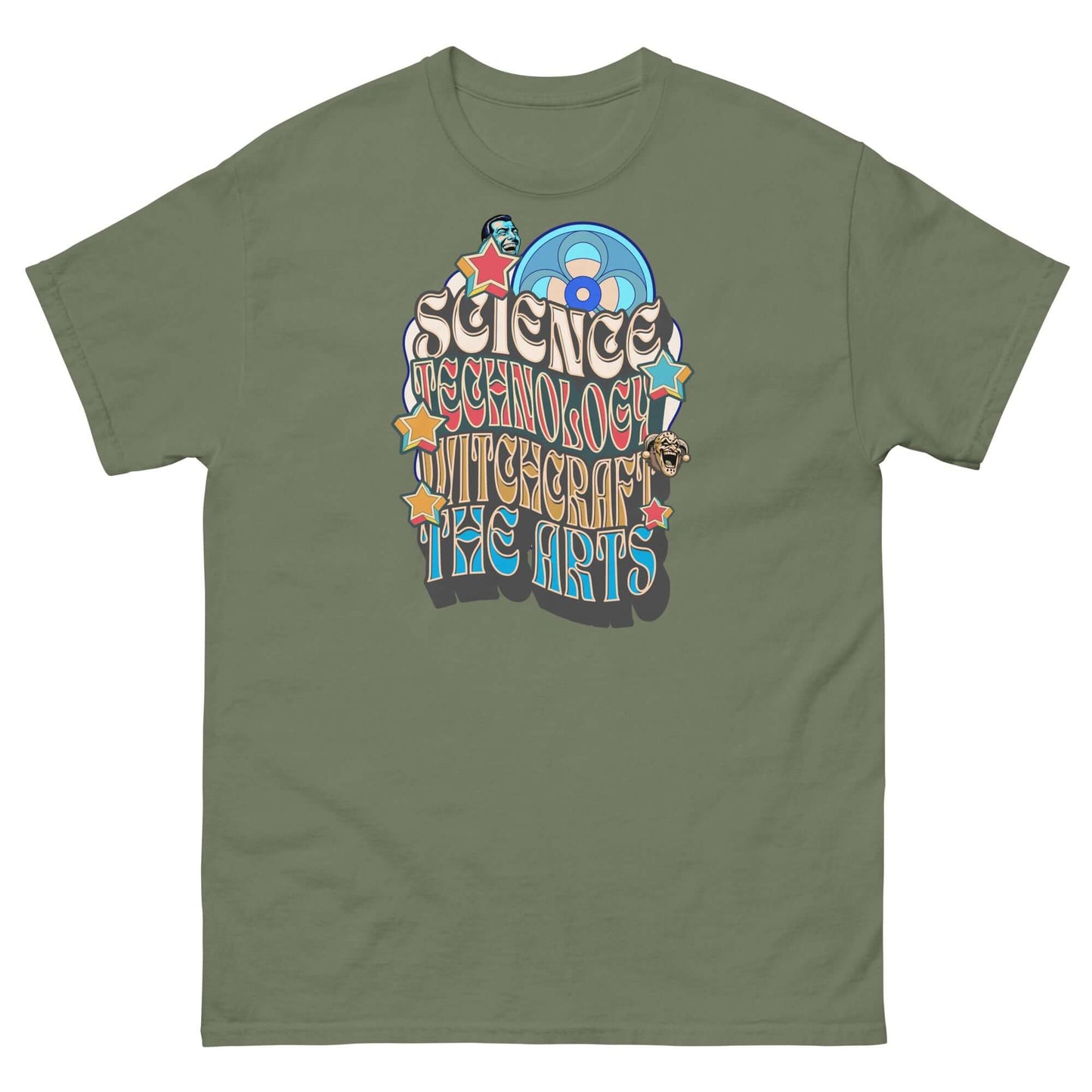 Olive green t-shirt with "Science, Technology, Witchcraft & The Arts" psychedelic design, featuring retro sci-fi and mystical elements.