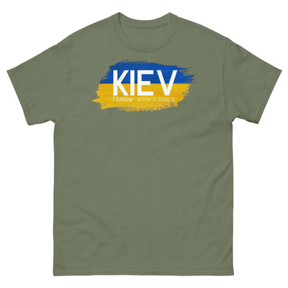 Kiev City Pride T-Shirt featuring Ukrainian flag brush strokes and 'Kiev' text, celebrating Ukraine's capital in stylish fashion.