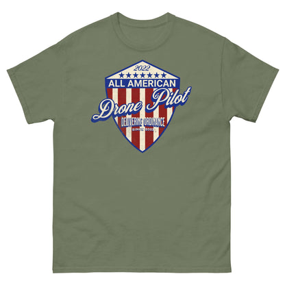 2022 All American Drone Pilot T-Shirt with patriotic shield design on a green background