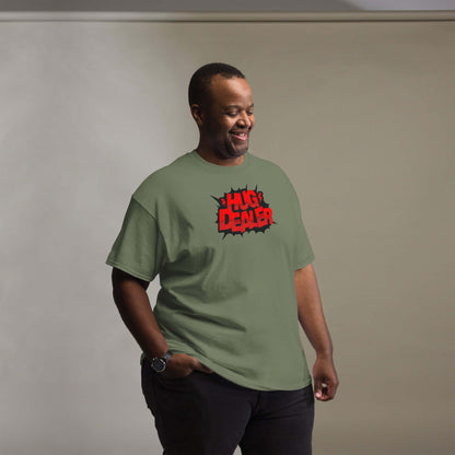 Man wearing 'Hug Dealer' comic book style t-shirt, smiling casually