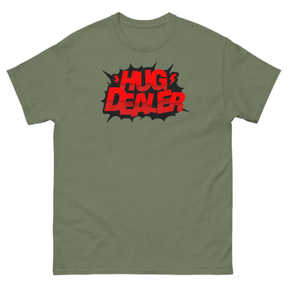 Hug Dealer T-Shirt in Green with Bold Comic Book Style Text for Embrace Enthusiasts